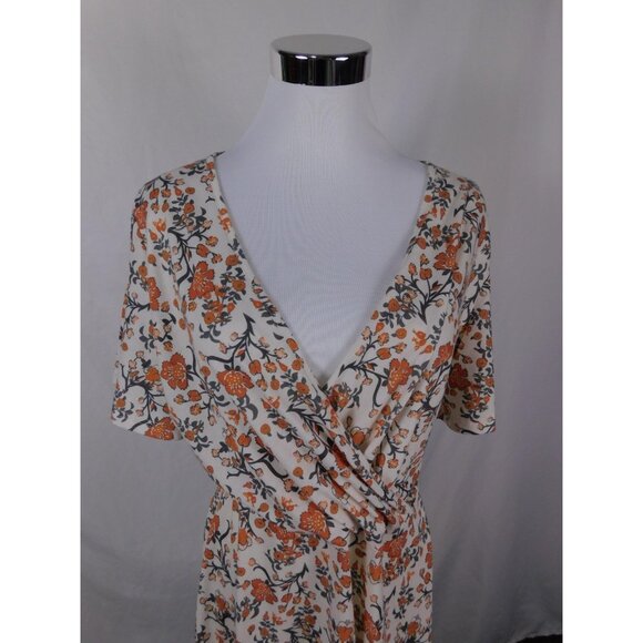 Fensace Large Cream Orange Floral Wrap V-Neck Midi Dress - Picture 3 of 11